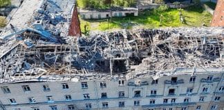 Destroyed dormitory of Dnipro National University after rocket attack