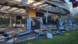 A destroyed petrol station in the Darnytskyi district of Kyiv after a Russian attack.