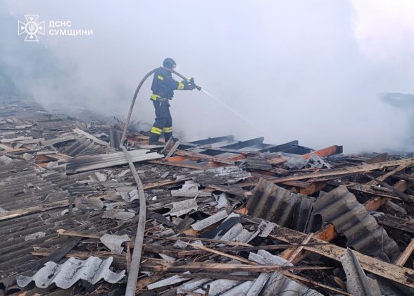 Rescuers extinguish a fire in Sumy region