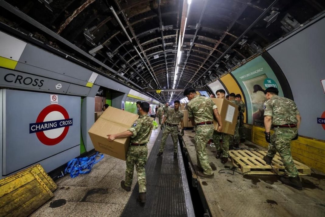 NATO troops on an abandoned London Underground platform during an exercise