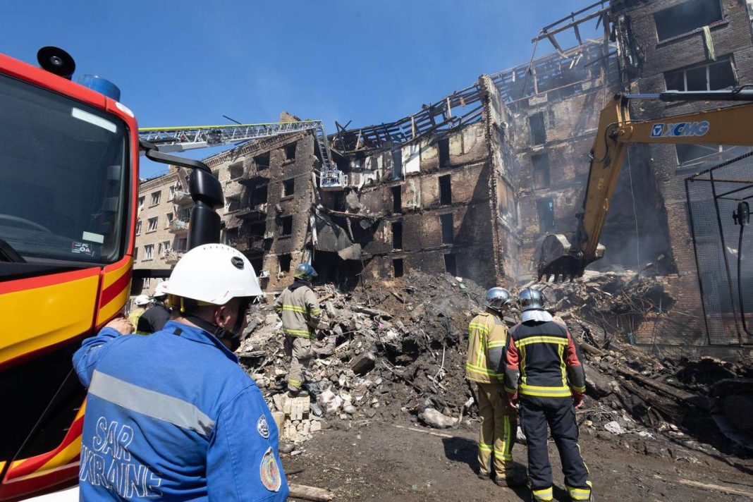 Damaged residential buildings in Kyiv after night attack