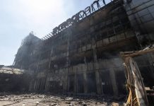 The destroyed building of a shopping centre after a Russian missile strike on Kyiv