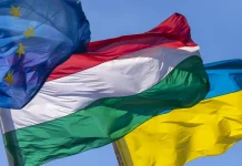 Flags of Ukraine, Hungary and the EU