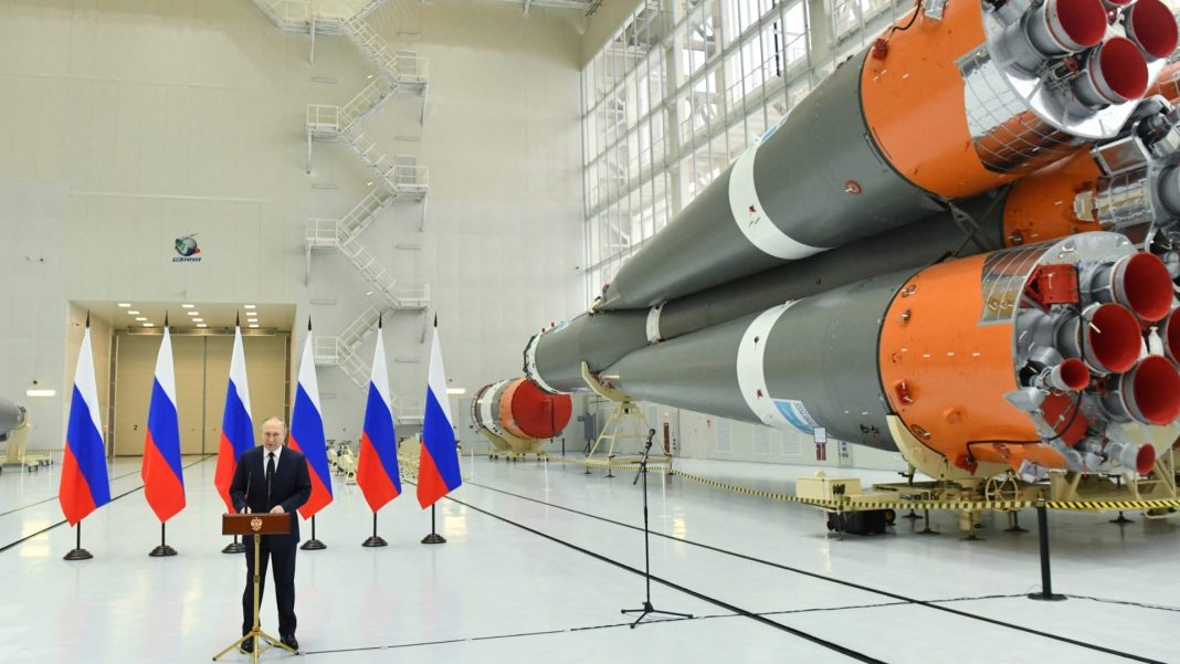 2022-04-12T11:20:50Z_870869532_RC2NLT90BQL6_RTRMA.original The Russian President is speaking against the backdrop of a launch vehicle in a hangar at the spaceport