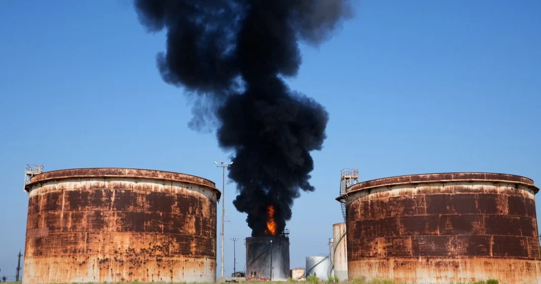 5293ec592857554923f8c2e284e045f9 A fire at an oil tank following an attack on a fuel infrastructure facility in Russia.