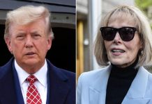 Donald Trump and E. Jean Carroll against the backdrop of the courtroom.