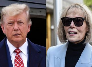 Дональд Трамп та Е. Джин Керролл на фоні судової зали.