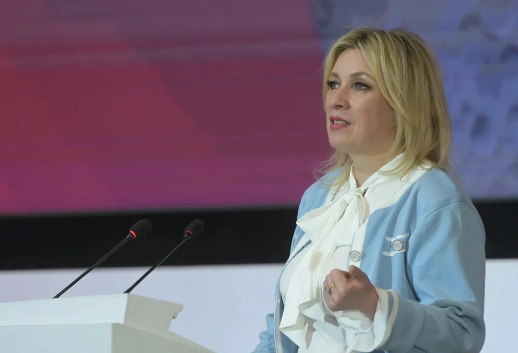 798323355404.704 Maria Zakharova, a spokesperson for the Russian Ministry of Foreign Affairs, during a public address at the podium.