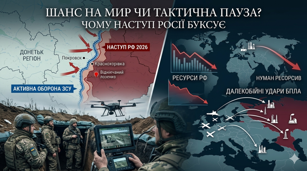 Аналітична інфографіка, що ілюструє причини буксування російського наступу у 2026 році