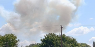 A fire at a factory in Dnipro following a Russian ballistic strike.