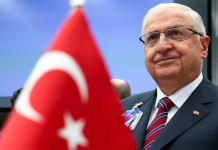 Yashar Güler at a press conference on NATO and security in Europe.