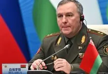 Міністр оборони Білорусі Віктор Хренін під час виступу на засіданні Ради міністрів оборони ОДКБ.
