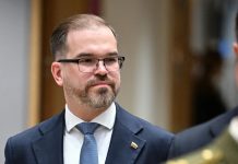 Lithuanian Defence Minister Robertas Kaunas during a press conference in Vilnius