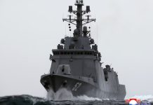 The North Korean destroyer Kang Kon during a military test under the supervision of Kim Jong-un.