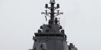 The North Korean destroyer Kang Kon during a military test under the supervision of Kim Jong-un.