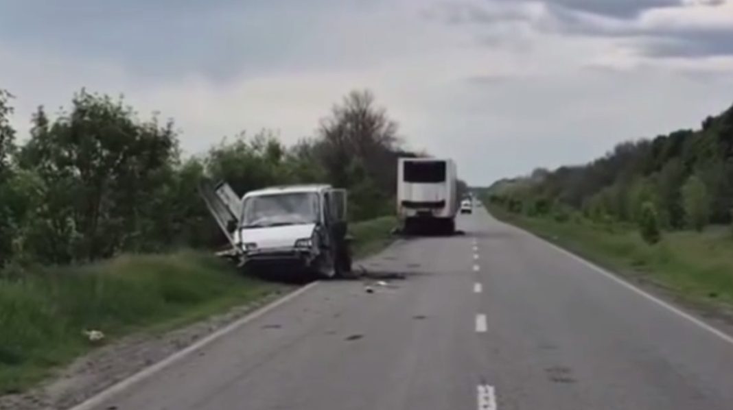 A damaged truck on the Kharkiv-Sumy highway after a Russian strike near Bohodukhiv.