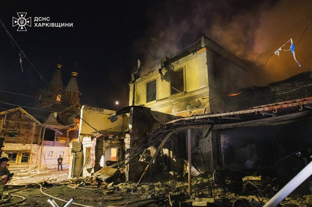 Screenshot_1 Aftermath of Russian attack on Kharkiv: destroyed building and fire after drone strike