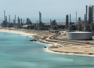 A Saudi Aramco helicopter that crashed in Saudi Arabia, near Ras Tanura.