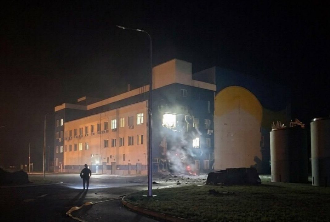 A damaged spent fuel storage building near the Chernobyl nuclear power plant after a Russian strike.