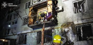Damaged facade of a nine-storey residential building in Odesa after a drone attack