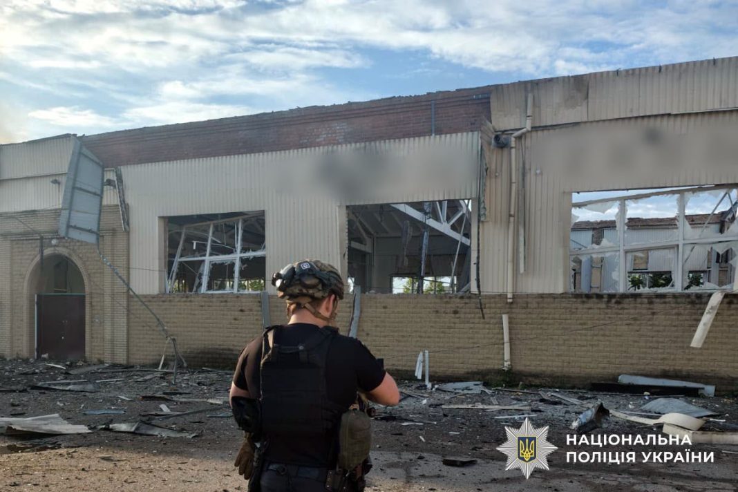 A damaged multi-storey building in Donetsk region after Russian shelling in May 2026.