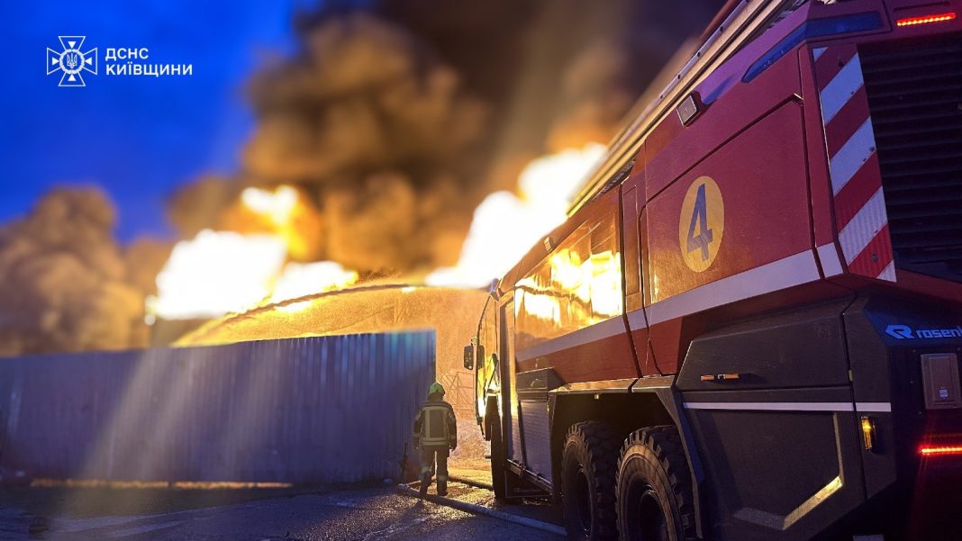 Rosenbauer airfield firefighting vehicle and SES rescuer extinguish large-scale fire in Boryspil district after UAV attack