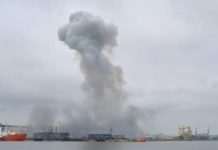 A column of smoke over the port of Constanta in Romania after a powerful explosion.