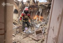 Firefighters are clearing up the aftermath of an attack on a residential building in Sumy on the morning of 12 June 2026.