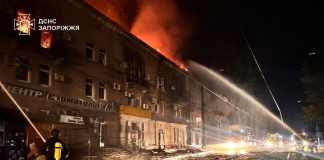 Fire in a three-storey residential block in Zaporizhzhia following a drone attack overnight