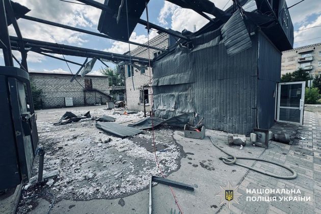 A damaged building following the heavy shelling of Kramatorsk