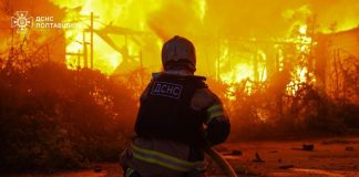 A fire at a factory in the Poltava region following Russian shelling.
