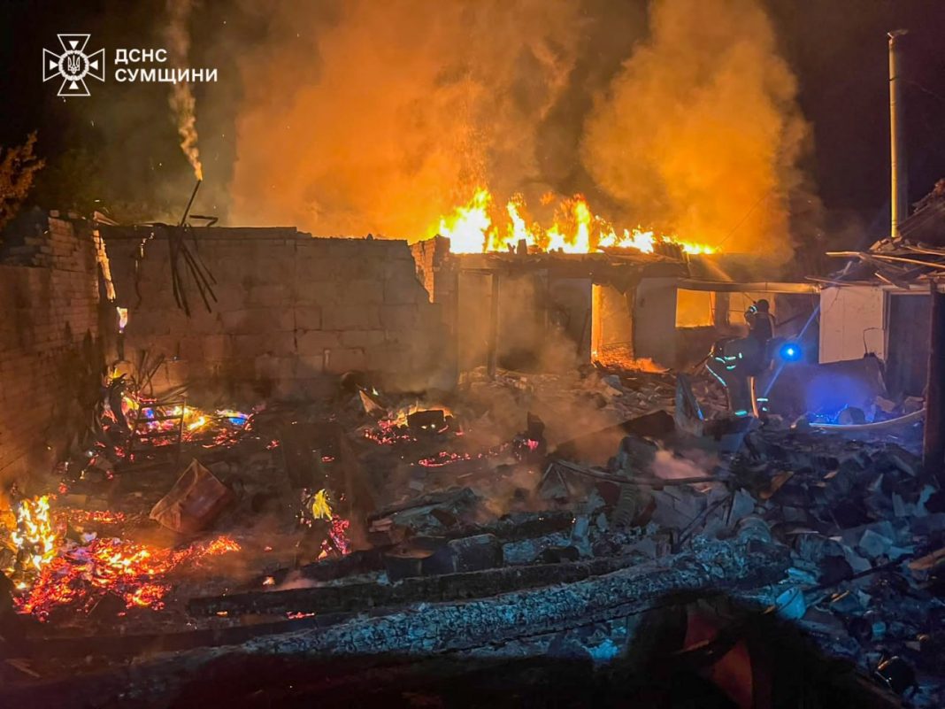 Rescue workers are clearing up the aftermath of a fire in the Sumy region