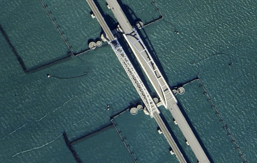Satellite images of the Crimean Bridge with its new defence system. Satellite images of the Crimean Bridge with its new defence system.