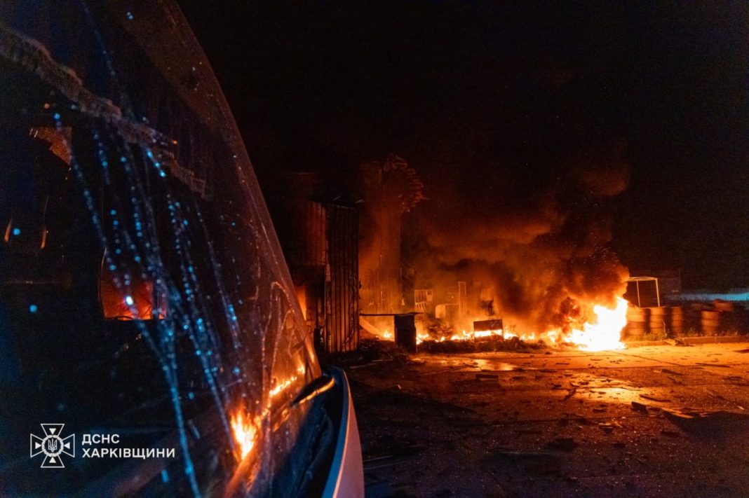 Fire at a petrol station in the Kharkiv district following a strike by a Russian drone