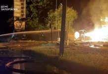 A fire at a petrol station in Zaporizhzhia following a Russian drone attack.