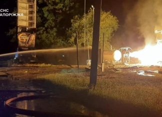 A fire at a petrol station in Zaporizhzhia following a Russian drone attack.