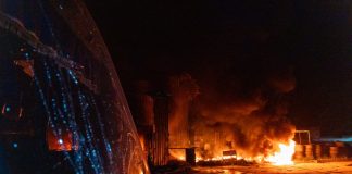 Fire at a petrol station in the Kharkiv district following a strike by a Russian drone