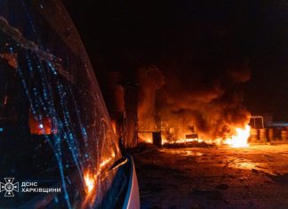 Fire at a petrol station in the Kharkiv district following a strike by a Russian drone