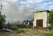 A fire in Zolochiv, Kharkiv Oblast, following a drone attack by Russian forces.