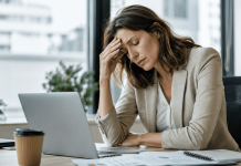 A woman in an office sitting at her laptop, holding her head in her hands, exhausted.