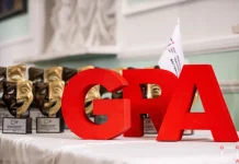 The logo of the «GRA» theatre awards at the ceremony announcing the festival’s finalists.