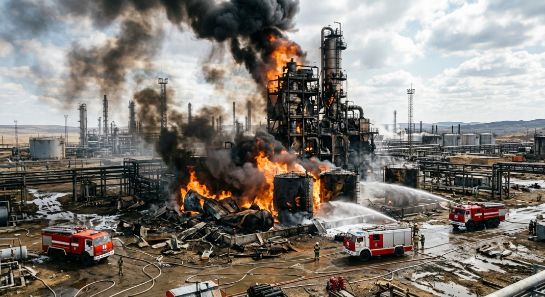 Image_yae6hgyae6hgyae6 A major fire at an oil refinery: flames, smoke and firefighters.