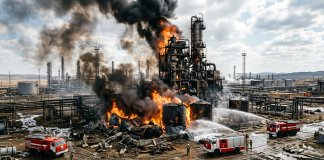 A major fire at an oil refinery: flames, smoke and firefighters.
