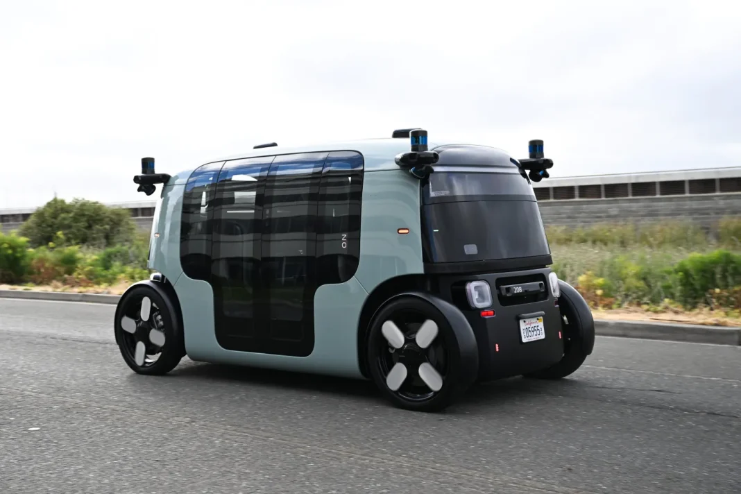 Zoox robotaxi A Zoox robotaxi on the road