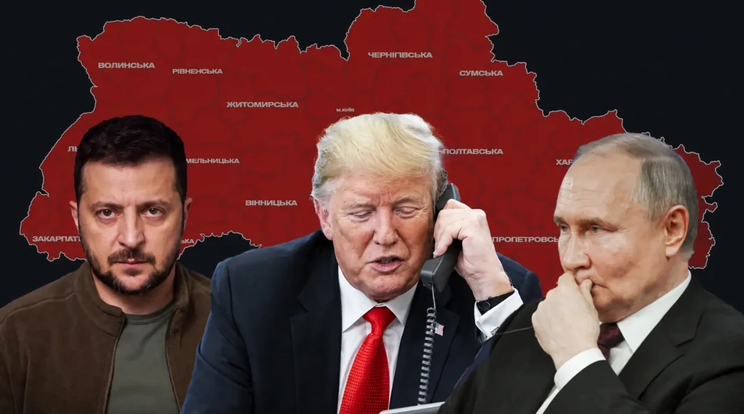 Дональд Трамп, Володимир Зеленський та Володимир Путін під час телефонних переговорів. Дональд Трамп, Володимир Зеленський та Володимир Путін під час телефонних переговорів.