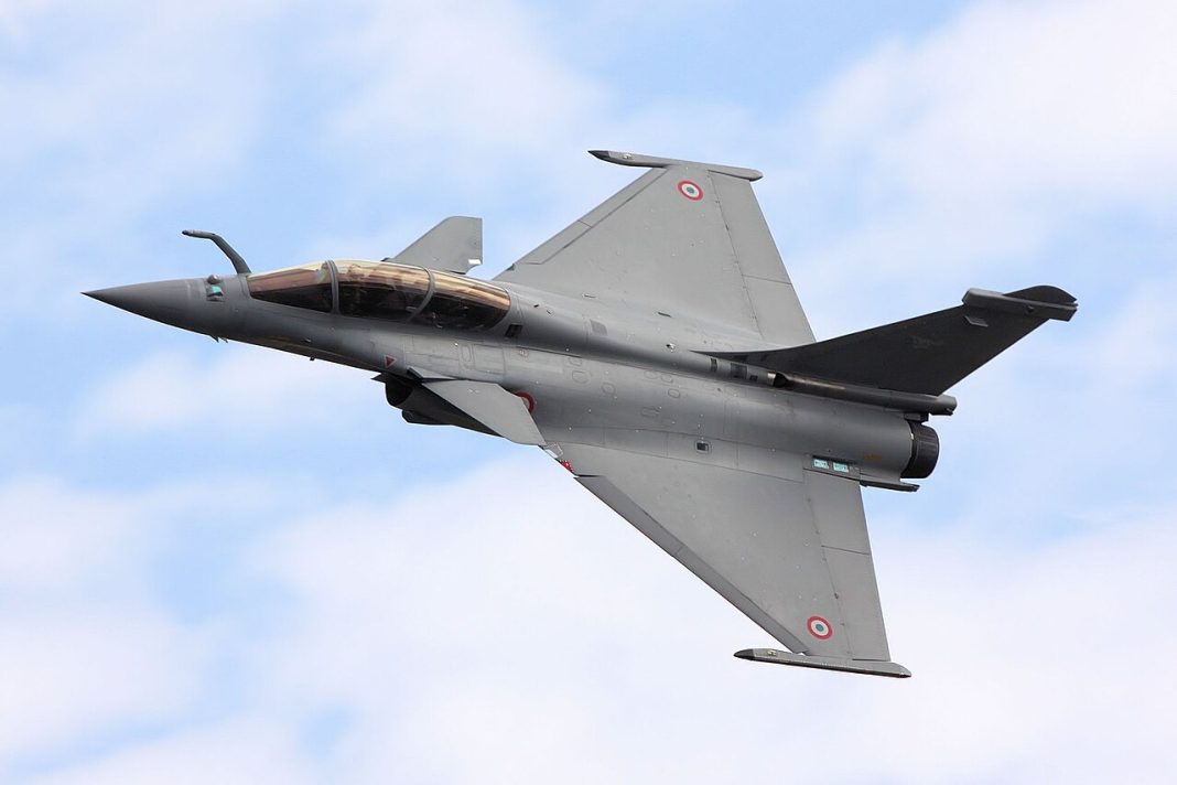 A French Rafale multi-role fighter during a demonstration flight.
