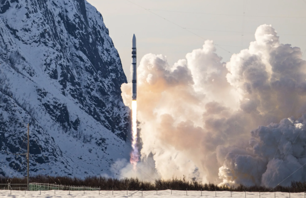 The launch of the Ariane 6 rocket, seen against the backdrop of the European Space Centre