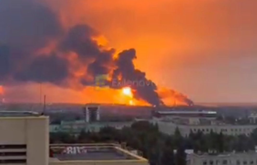 Stavropol A fire in an industrial area of the Stavropol Krai following a drone attack, with black smoke rising above the area.