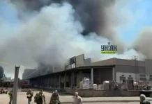 Логістичний центр «Нової пошти» в Оболонському районі Києва після атаки.