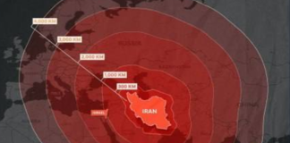 Map showing the potential range of Iranian ballistic missiles